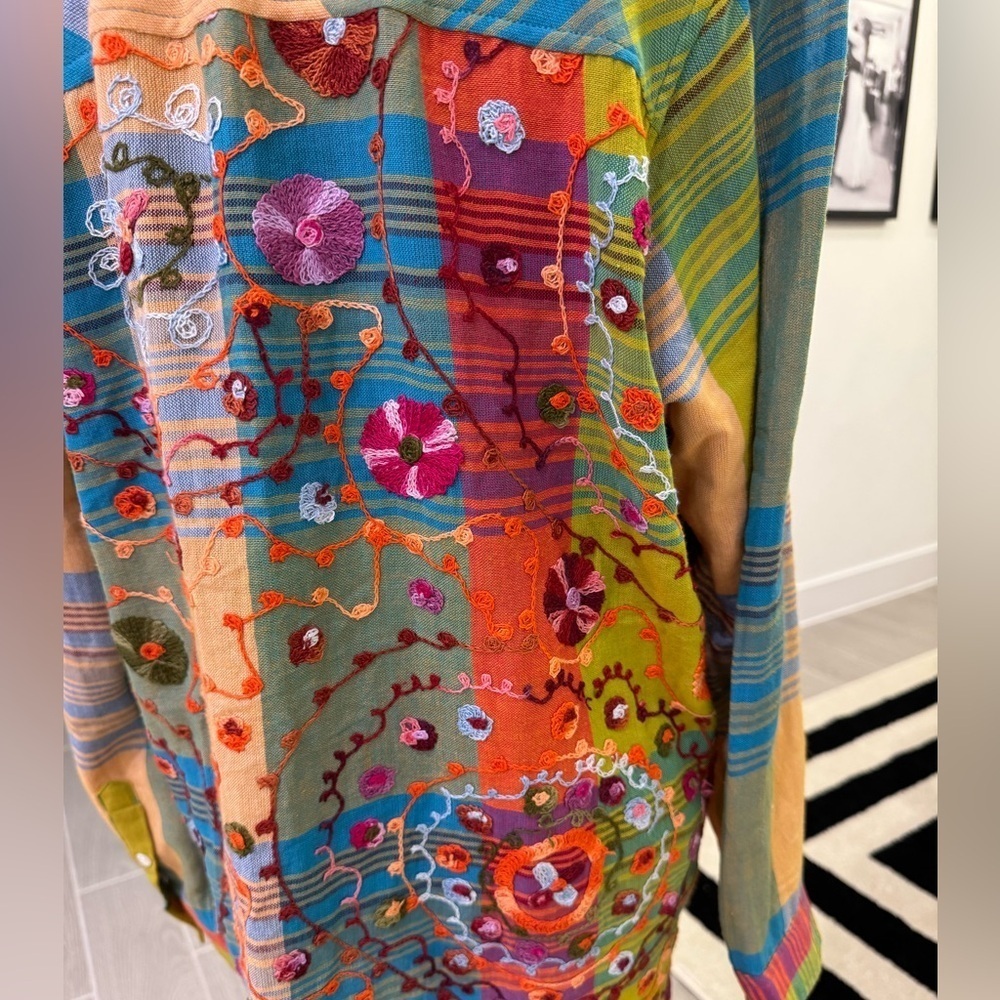 SOFT SURROUNDINGS Spring Summer Bright Heavily Embroidered Plaid Linen Blend - Picture 3 of 8